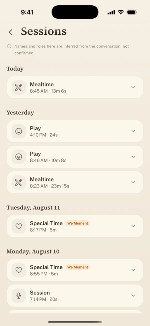 The Lovely app's Sessions list: a week of Mealtime, Play, and Special Time recordings, two of them marked as We Moments